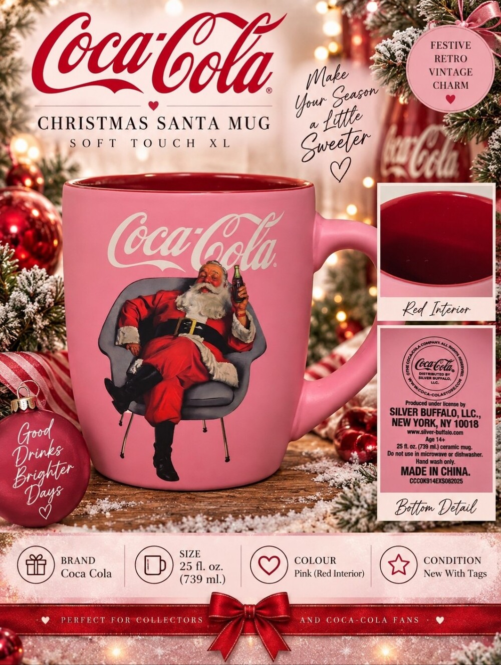 🎅Coca-Cola Pink Christmas Santa Mug Soft Touch XL